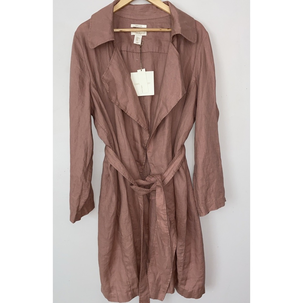 New Cynthia Rowley 100% Linen Trench Coat Dusty Rose Tie Waist Pockets Womens XL - Picture 9 of 10